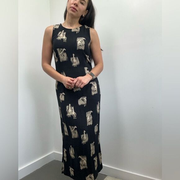 Vintage 90's Black Crinkle Safari Giraffe Theme Sleeveless Maxi/Midi Dress 8 - Picture 4 of 10